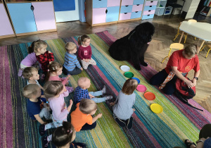 Dzieci bawią się z dużym psem.