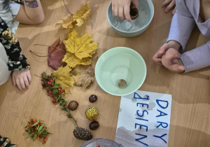 Dzieci stoją dookoła stołu. Jedno z dzieci wkłada do miseczki z wodą kasztana.