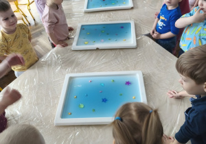 Dzieci stoją przed tacami z galaretką.